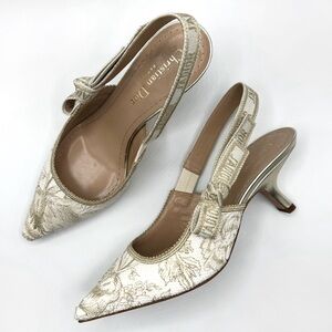 NEW Dior White & Gold Jardin Toile de Jouy J’Adior Slingback Pumps Heels Sandals